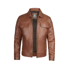 Men Cognac Brown Shirt Collar Harrington Leather Jacket