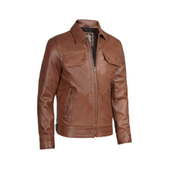 Men Cognac Brown Shirt Collar Harrington Leather Jacket