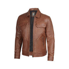 Men Cognac Brown Shirt Collar Harrington Leather Jacket