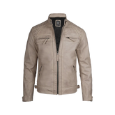 Men Diamond Beige Cafe Racer Leather Jacket
