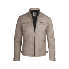 Men Diamond Beige Cafe Racer Leather Jacket