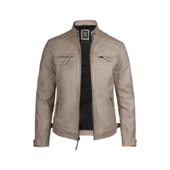 Men Diamond Beige Cafe Racer Leather Jacket