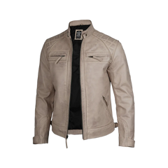 Men Diamond Beige Cafe Racer Leather Jacket