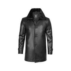 Men's 3/4 Black Real Leather Coat With Fur Collar - Winter Coat
