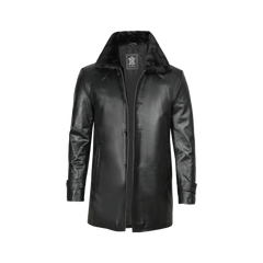 Men's 3/4 Black Real Leather Coat With Fur Collar - Winter Coat