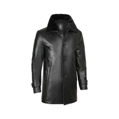 Men's 3/4 Black Real Leather Coat With Fur Collar - Winter Coat