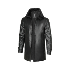 Men's 3/4 Black Real Leather Coat With Fur Collar - Winter Coat
