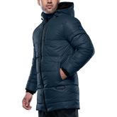 Men's 3/4 Length Blue Hooded Parka Jacket - Puffer Style