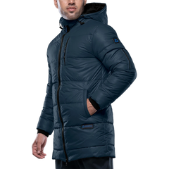 Men's 3/4 Length Blue Hooded Parka Jacket - Puffer Style