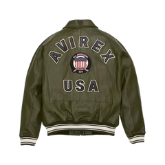Men's Avirex Olive Green Bomber American Flight Leather Jacket