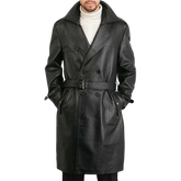Men's Belted Double Breasted Black Leather Trench Coat