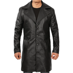 Men's Black 3/4 Length Real Leather Car Coat