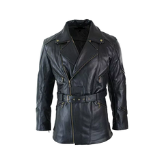 Men's Black 3/4 Motorcycle Biker Long Lambskin Leather Jacket/Coat