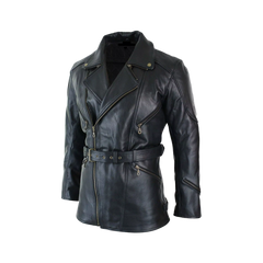 Men's Black 3/4 Motorcycle Biker Long Lambskin Leather Jacket/Coat