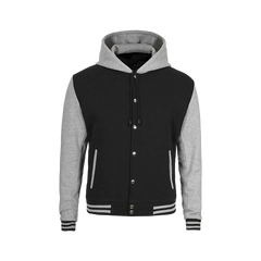 Men's Black and Grey Varsity Jacket with Hood - Letterman Style