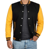 Men's Black and Yellow Varsity Bomber Jacket - Baseball Letterman Style