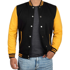 Men's Black and Yellow Varsity Bomber Jacket - Baseball Letterman Style