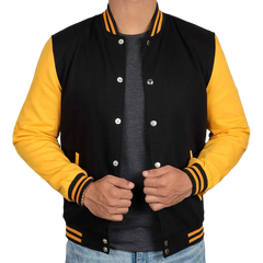 Men's Black and Yellow Varsity Bomber Jacket - Baseball Letterman Style