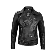 Men's Black Belted Moto Leather Jacket - Biker Style