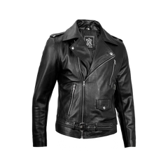 Men's Black Belted Moto Leather Jacket - Biker Style