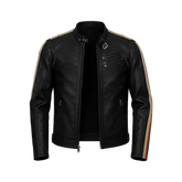 Men’s Black Biker Leather Jacket with Double Contrast Shoulder Stripes