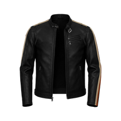 Men’s Black Biker Leather Jacket with Double Contrast Shoulder Stripes