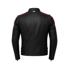 Men’s Black Biker Leather Jacket with Double Contrast Shoulder Stripes