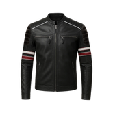 Men’s Black Cafe Racer Leather Jacket with Red & White Racing Stripes
