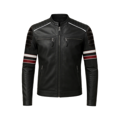 Men’s Black Cafe Racer Leather Jacket with Red & White Racing Stripes