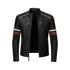 Men’s Black Cafe Racer Leather Jacket with Red & White Racing Stripes