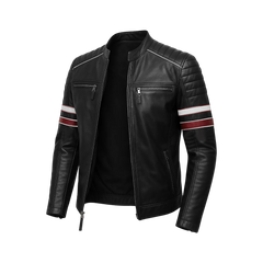 Men’s Black Cafe Racer Leather Jacket with Red & White Racing Stripes