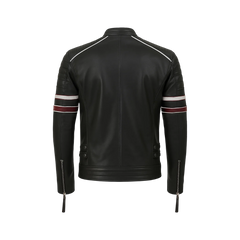 Men’s Black Cafe Racer Leather Jacket with Red & White Racing Stripes