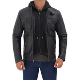 Men's Black Cafe Racer Leather Jacket with Removable Hood