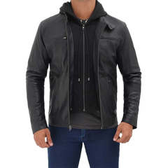 Men's Black Cafe Racer Leather Jacket with Removable Hood