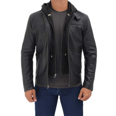Men's Black Cafe Racer Leather Jacket with Removable Hood