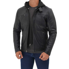 Men's Black Cafe Racer Leather Jacket with Removable Hood