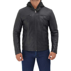 Men's Black Cafe Racer Leather Jacket with Removable Hood