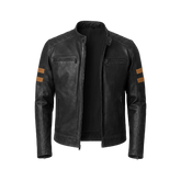 Men’s Black Cafe Racer Leather Jacket with Tan Accent Stripes
