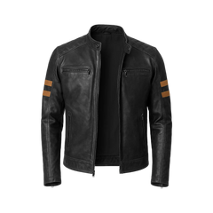 Men’s Black Cafe Racer Leather Jacket with Tan Accent Stripes
