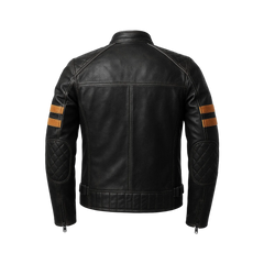 Men’s Black Cafe Racer Leather Jacket with Tan Accent Stripes