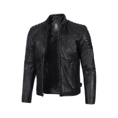 Men's Black Cafe Racer Padded Shoulders Real Leather Jacket