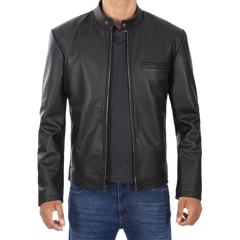 Men's Black Cowhide Leather Cafe Racer Jacket