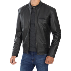 Men's Black Cowhide Leather Cafe Racer Jacket