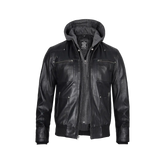 Men's Black Leather Jacket With Removable Hood