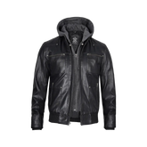 Men's Black Leather Jacket With Removable Hood