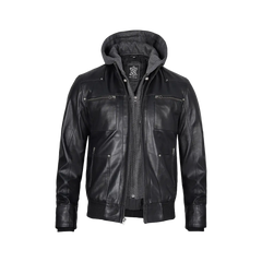Men's Black Leather Jacket With Removable Hood