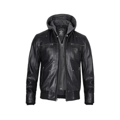 Men's Black Leather Jacket With Removable Hood