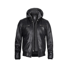Men's Black Leather Jacket With Removable Hood
