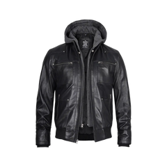 Men's Black Leather Jacket With Removable Hood