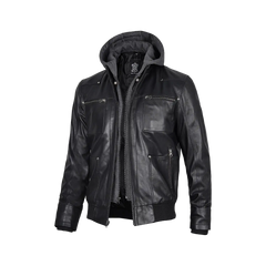 Men's Black Leather Jacket With Removable Hood